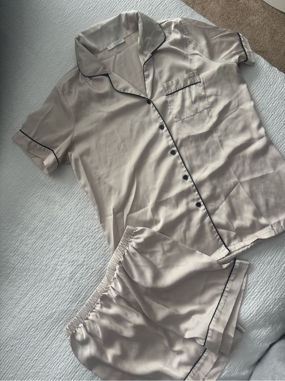 Silky Short Pajama Set in Light Beige with Black Trim